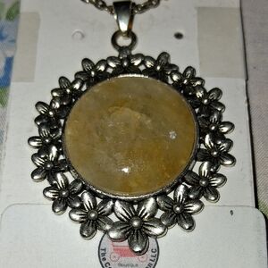 N021 Floral Silver Nebraska River Rock Pendant Necklace